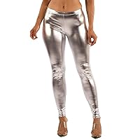 OFENTI Women's Metallic Shiny Leggings - High Waist Faux Leather Footless Tights Pants Wet Look Skinny Glamour