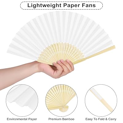 Aodaer 30 Pieces Paper Folding Fans Bamboo Handheld Fans Paper Folded Fans  for Wedding Gift, Party Favors, DIY, Home Decoration, White