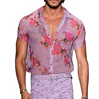Floral Transparent Lace Shirt Men Sexy See Through Dress Shirts Casual Short Sleeve Party Beach Holiday Top