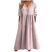 Womens Casual Lace Crochet V Neck Cotton Linen Swing Midi Dress Summer Short Sleeve Calf Length Flowy Babydoll Dresses