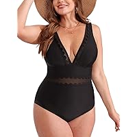 CUPSHE Women's Plus Size One Piece Swimsuit V Neck Mesh Scalloped Bathing Suit Adjustable Straps