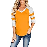 Decrum Casual Tunic Womens V Neck Tops – Colorblock Baseball Shirts Women | [40153175] Yellow White Panel Rgln,XL