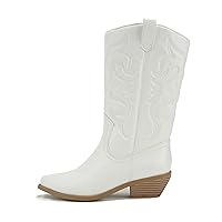 Soda Reno Women Western Cowboy Pointed Toe Knee High Pull On Tabs Boots (White/Beige Pu, US Footwear Size System, Adult, Women, Numeric, Medium, 7)