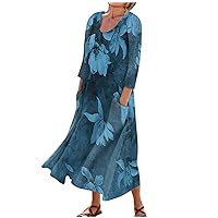 Summer Dresses for Women 2024 Curved Floral Beautiful 3/4 Sleeve Crew Neck Cotton Linen Summer Dresses for Women 2024