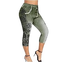 Womens Denim Look Yoga Pants, Plus Size Capris for Women High Waisted Stretchy Jean Look Cropped Yoga Jeggings