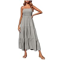 Early Black of Friday Deal Boho Dress for Women Summer Smocked Spaghetti Strap Long Dresses Casual Holiday Beach Dresses Tiered Flowy Dresses Vestido Fiesta Mujer