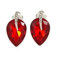 Ruby Red Faceted Glass Stone Leaf Clip On Earrings In Silver Tone - 23mm Tall