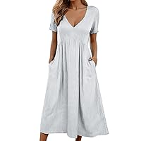 Womens Half Sleeve Summer Dresses V Neck Solid Color Midi Dress Vintage Boho Casual Plus Size Loungewear Sundress