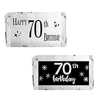 DISTINCTIVS Black and Silver 70th Birthday Mini Candy Bar Wrappers, Shiny Foil - 45 Stickers