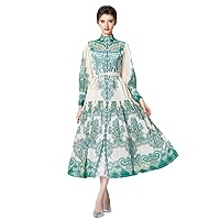 Spring Women Runway Long Dress Lantern Sleeve Stand Collar with Belt Floral Print Holiday Maxi Dresses