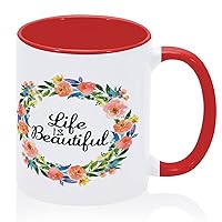 Funny Coffee Mug Tea Cup Life is Beautiful' Coffee Mugs Cups Beautiful Wreath Greenery' Elegant Ceramic Mugs Gifts for Women Adults Family Barista 11oz Red