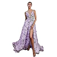 V Neck 3D Flower Prom Dress Sexy A-Line High Split Homecoming Dress Long Backless Party Evening Dress