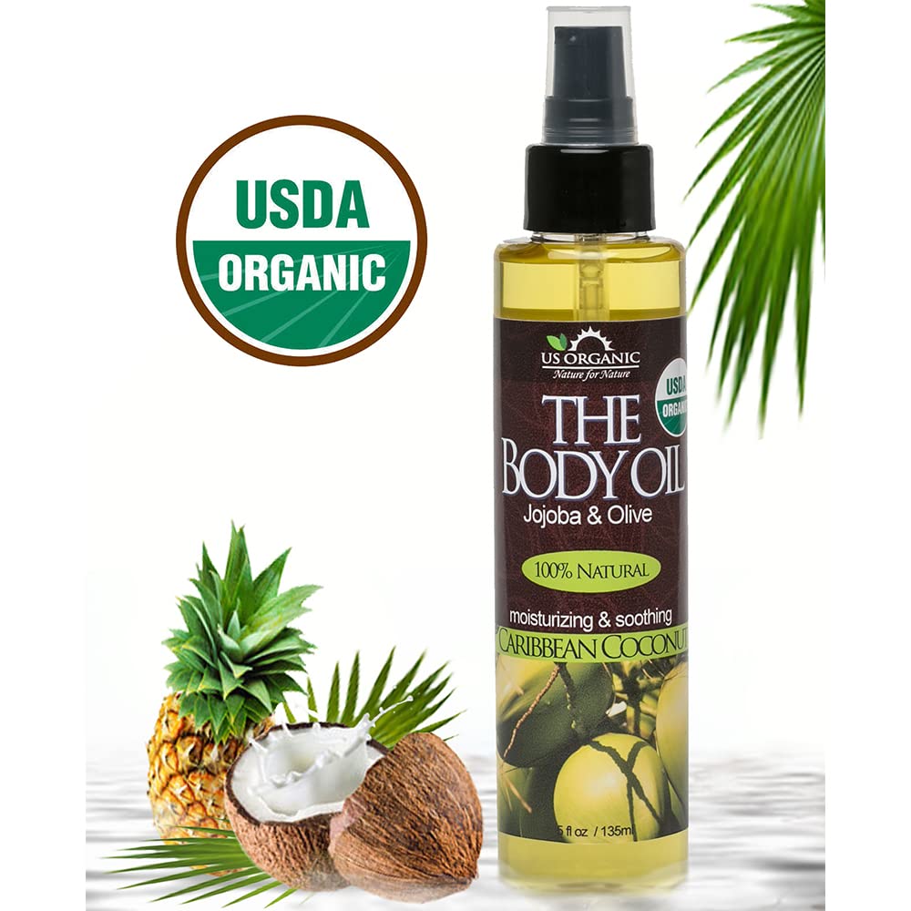 US Organic Body Oil- Smooth Caribbean Coconut - Jojoba and Olive Oil with Vitamin E, USDA Certified, No Alcohol, Paraben, Artificial Detergents, Color or Synthetic perfume, 5 Fl.oz (Caribbean Coconut)