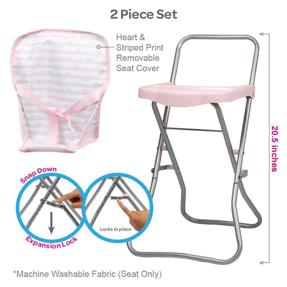 Adora Baby Doll Accessories Pink High Chair, Can Fit Up to 16 inch Dolls, 20.5 inches in Height, Baby Pink and Grey Print