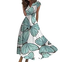 Plus Size Tops for Women Clearance Floral Dress for Women Butterfly Pattern Fashion Modest Elegant with Short Sleeve V Neck Swing Tunic Dresses Mint Green Medium