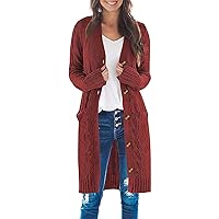 Womens Open Front Cable Knit Cardigan Button Down Long Sweater Outwear with Pockets