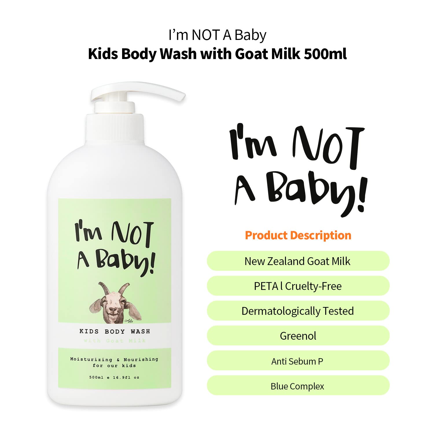 Kids Body Wash l Dermatologist Tested l Allergen free l PETA l Cruelty-free l Gentle for Kids l Goat Milk l Kids Body Wash l I’m NOT A Baby l 16.9 Fl Oz