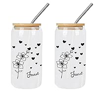 16 Oz Glass Cup Personalized Birth Flower Glass Coffee Cup with Bamboo Lid & Straw - Reusable Tea Cups Drinking Glass Cups W/Lids Straws - Appreciation Gifts for Best Mom