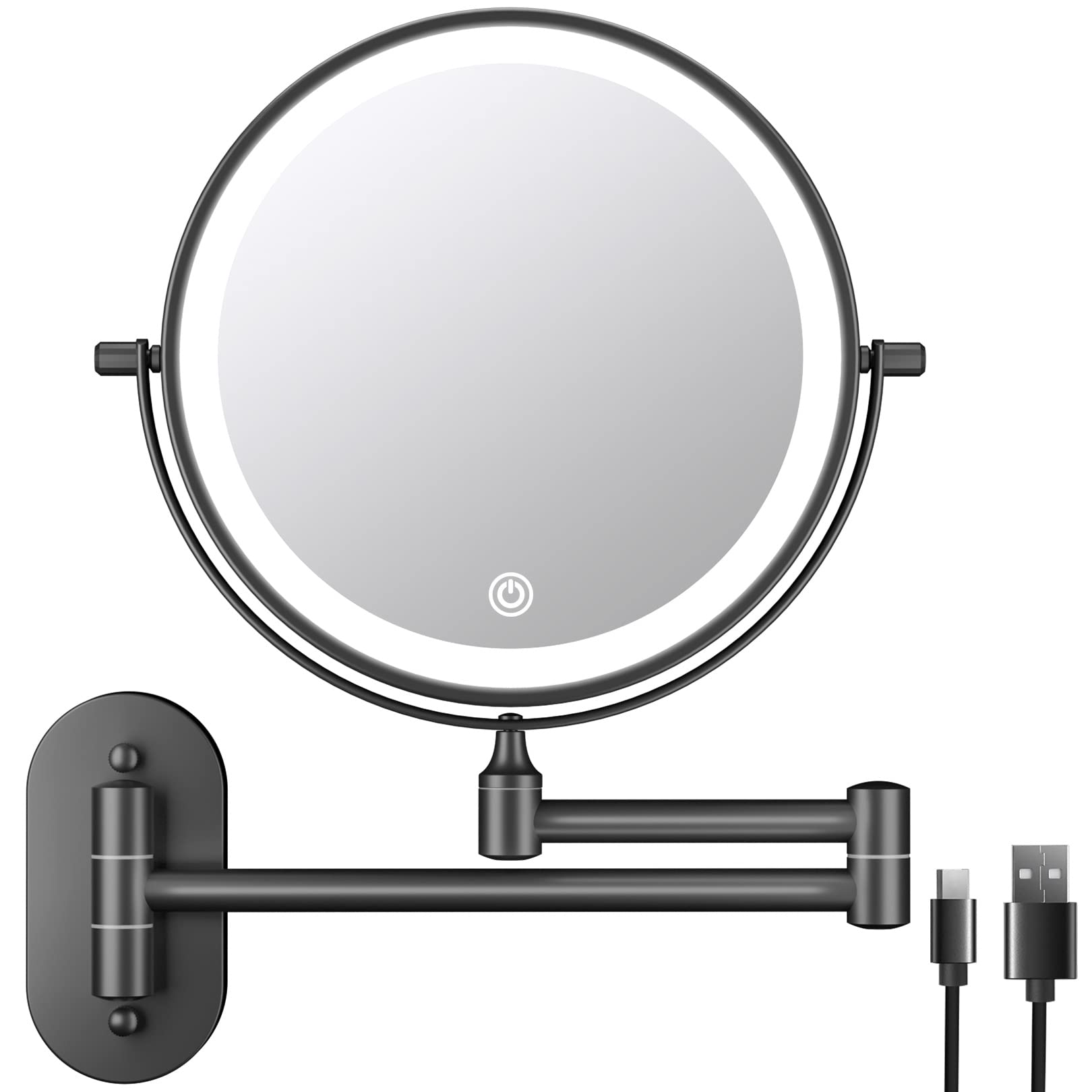 FASCINATE Rechargeable Wall Mounted Lighted Vanity Mirror 8 Inch 1X/10X Magnifying Makeup Mirror with 3 Color Lights, Double Sided Dimmable, 360 Degree Screen Touch,Bathroom Shaving Mirror (Black)