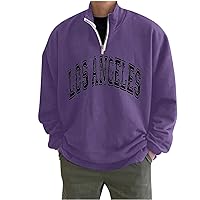 Sweatshirt For Mens Fashion Goth 2023 Los Angeles Men's Stand Up Collar Half Zip Sweatshirt Lettering Printed Fleece Pullover Tops Long Sleeve Tees 3-Purple Large