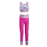 Kids Girls Graphic Print Crop Tops and Athletic Leggings Gymnastics Tracksuit Dance Yoga Running Sports Outfits