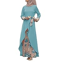 Muslim Dress for Women for Eid Muslim Long Sleeve Floral Printed Abaya Casual Dress Prayer Dress Bow Lace Up Slim Fit Comfortable Kaftan Dubai Outfits Chiffon Abaya Blue 2X