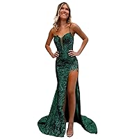 Sequin Prom Dresses 2024 - Spaghetti Straps High Slit Mermaid Evening Dresses Long