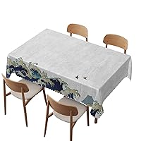 Japanese Wave tablecloth,52x70 inch,Waterproof Stain Wrinkle Resistant Reusable Print tablecloths,for Kitchen Indoor Outdoor Events party Decor-Rectangle Table Clothes for 4 Ft Tables,Cream Grey Blue