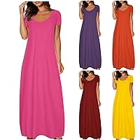 Women Short Sleeve Loose Plain Casual Long Maxi Dresses with Pockets A-Pink