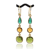 Bezel Set Handmade Earring Jewelry | Designer Gemstone Moonstone & Chalcedony Hook Earring | Gold Plated Bezel Dangle Hook Earring | Gift For Her Bezel Set Pair | 1759)155