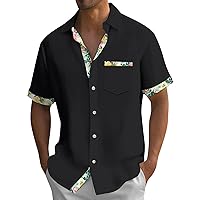 Hawaiian Shirt for Men Loose Vintage Button Down Dress Shirts Beach Short Sleeve Summer Standing Collar Shirt