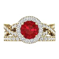 2.37ct Round Cut Halo Split Shank Solitaire with Accent Simulated Red Ruby Statement Bridal Ring Band Set 14k Yellow Gold
