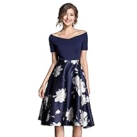 Women's Vintage Bardot Neck Patchwork Puffy Swing Casual Floral Party Dress