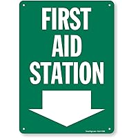 14 x 10 inch “First Aid Station” Sign with Down Arrow, Digitally Printed, 55 mil HDPE Plastic, Green and White