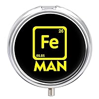 Fe Man-Iron Chemistry Periodic Table Cute Pill Case with 3 Compartment Portable Pocket Pillbox Round Vitamins Medication Organizer Travel Gifts