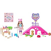 Barbie Chelsea Doll & Skate Park Playset with 2 Puppies, Skate Ramp, Scooter & 15+ Accessories, Brunette Small Doll with Blue Eyes