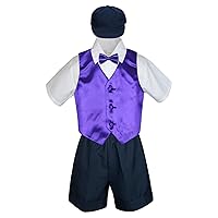 Leadertux 5pc Baby Toddler Boy Purple Vest Bow Tie Set Navy Shorts Suit Hat S-4T (3T)