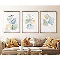 NATVVA 3 Pieces Sage Green and Yellow Line Botanical Wall Art Canvas Prints Pastel Floral Poster Painting Pictures for Dining Room Kitchen Home Decor with Wooden Inner Frame