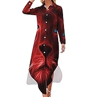3D Flaming Lion Women's Shirt Dress Long Sleeve Button Down Shirts Dress Casual Loose Maxi Dresses
