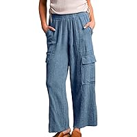 Palazzo Pants Women Wide Leg Cargo Pants Linen Palazzo Pant Vintage Casual Loose Fit Lounge Trousers with Pockets