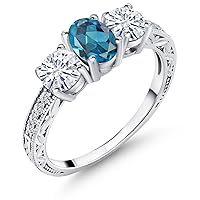 Gem Stone King 925 Sterling Silver 3-Stone Ring Oval London Blue Topaz and Moissanite (2.12 Cttw)