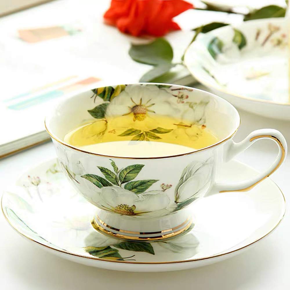 Gift Set Vintage Fine Bone China Tea Cup Spoon and Saucer Set Gold Trim Fine Dining and Table Décor (White Camellia)