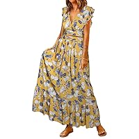 Dokotoo Women's Boho Dress Deep V Neck 2 Piece Skirt Sets Ruffle Cap Sleeve Tie Waist Wrap Chiffon Flowy Maxi Dresses