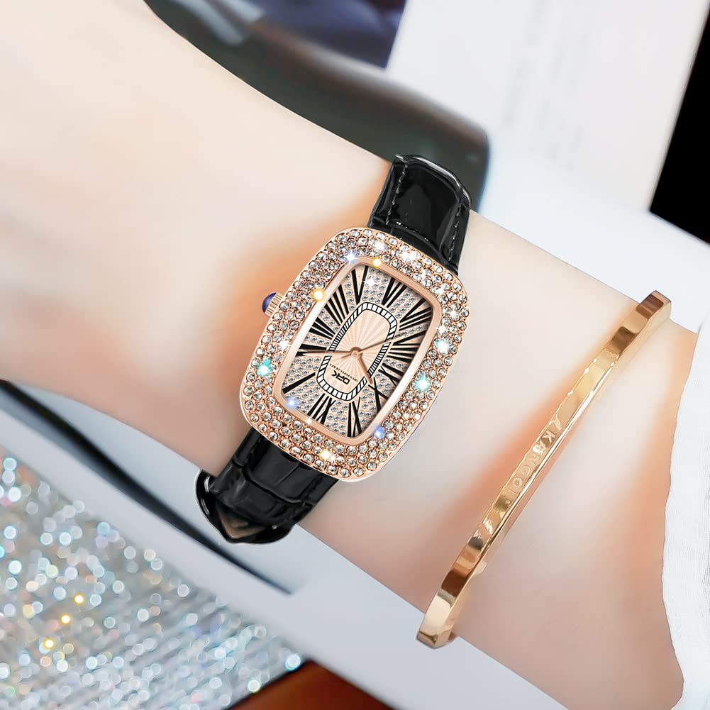 TPSOUM Wrist Watch for Women, Glitter Bling Designed Quartz Analog Women's Watch with Breathable Leather Strap