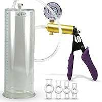 LeLuv Ultima Penis Pump - Purple Silicone Grips, Clear Hose + Gauge, 4 Constriction Rings - 12
