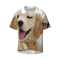 Cute Golden Retriever Men's Summer Short-Sleeved Shirts, Casual Shirts, Loose Fit with Pockets