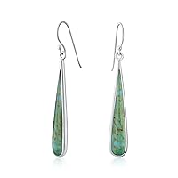 Simplistic Boho Fashion Gemstone Inlay Long Flat Teardrop Shaped Dangle Earrings Western Style For Women Teens .925 Sterling Silver Fish Hook Wire Threader