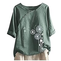 Summer Women Cotton Linen Tshirt Tops Casual Dandelion Loose Fit Tunic Tees Short Sleeve Plus Size Button Blouses