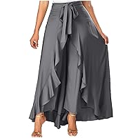 Womens Maxi Skorts Lace Up Ruffle Trim Skort-Trendy 2 in 1 Flowy Pants Skirts High Waist Long Culottes Skirt for Women