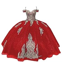 Gold Embroidered Patterned Glitter Tulle Off Shoulders A line Prom Quinceanera Dresses Mexican 2024 Charro with Sleeves